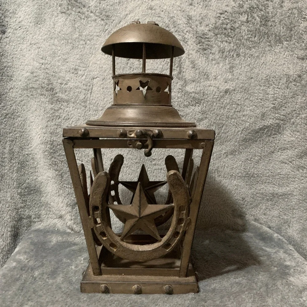 Rustic Metal Horseshoe Texas Star Lantern Western Farmhouse Decor Bronze 13.5in